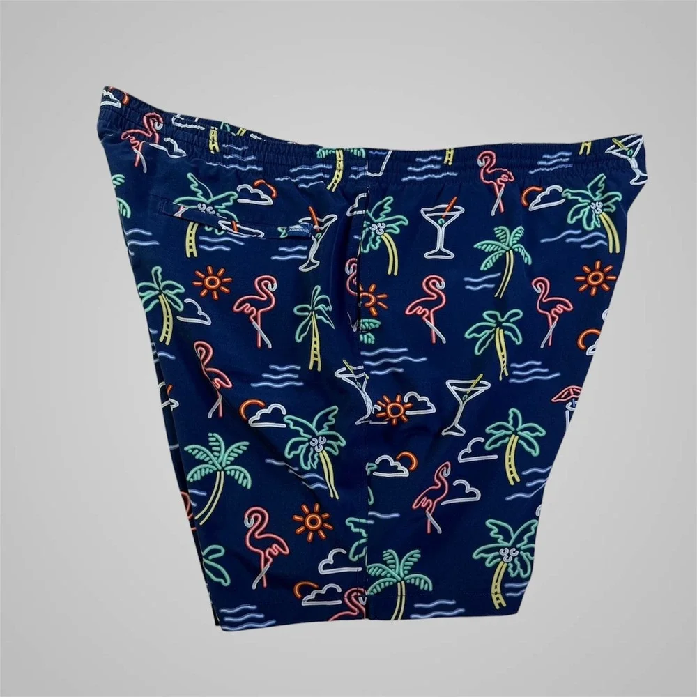 Chubbies Mens Navy Blue Neon Flamingo Palm Tree Print Swim Trunks Mesh Liner 3XL
